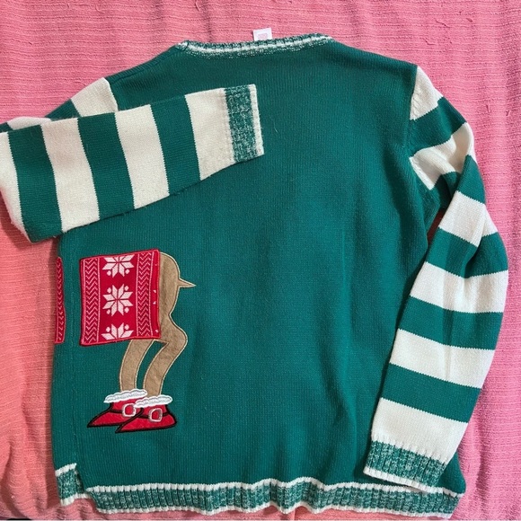 Ugly Christmas sweater reindeer wearing glasses striped sleeves Large size - Picture 2 of 9